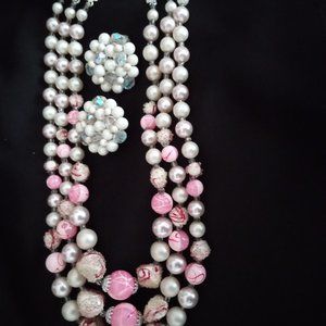 Mid Century Sugar Beads 3 strand and Earrings Set